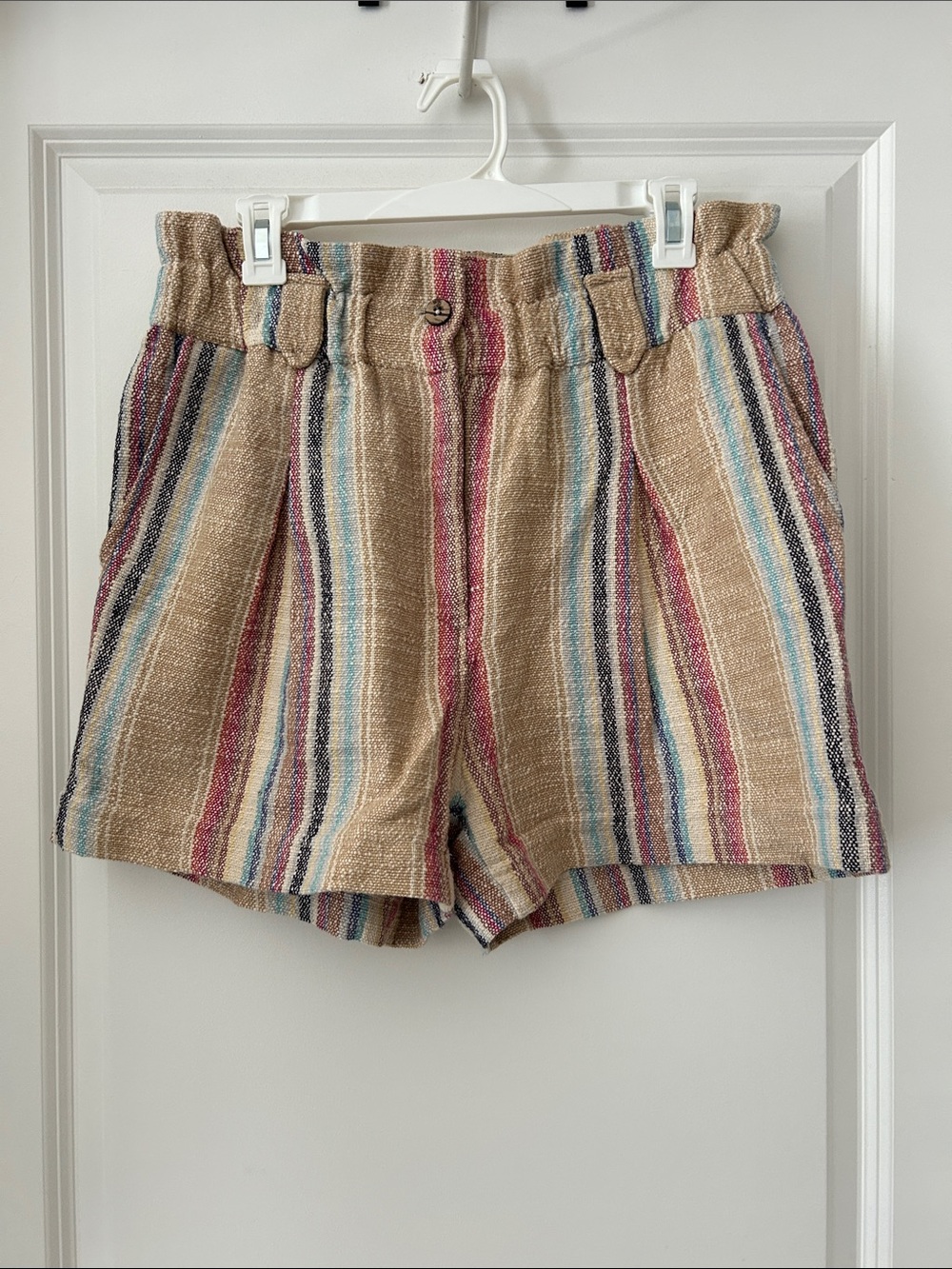 Faherty Beige Multi-Stripe Paperbag Waist Shorts